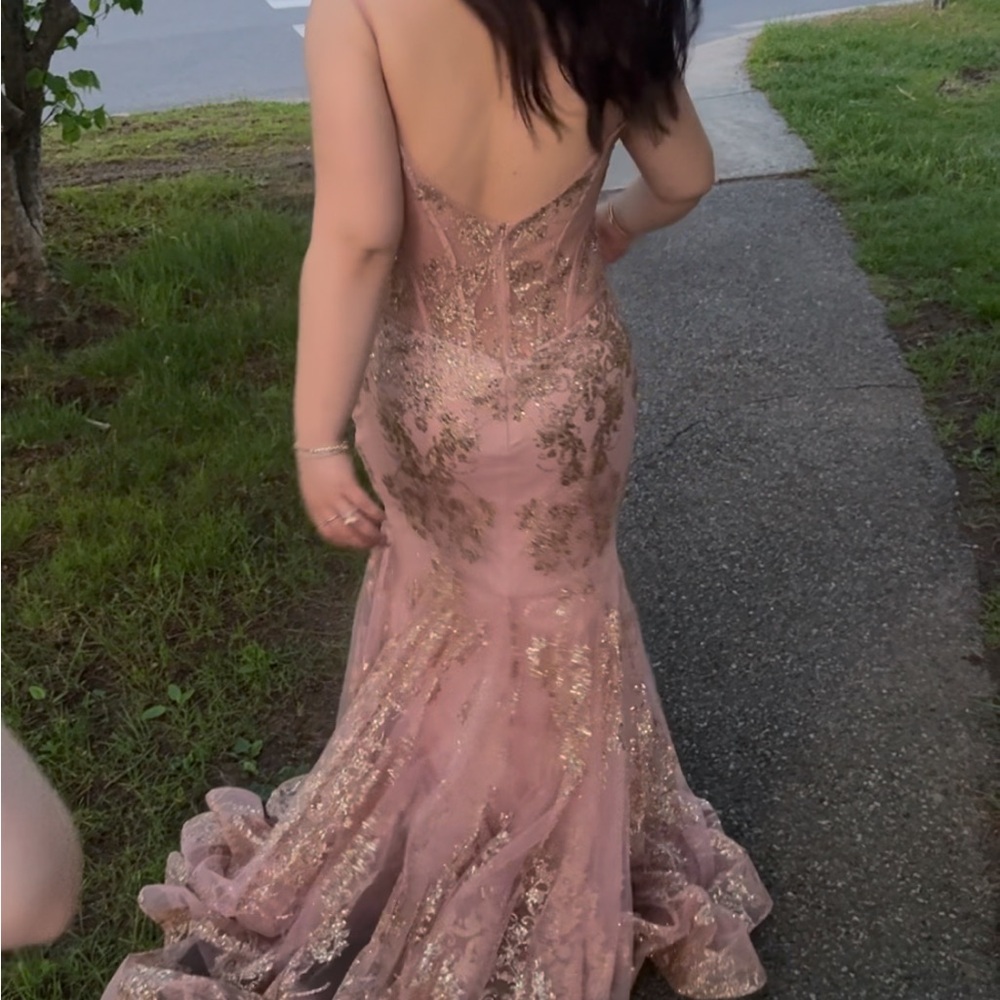 Jovani Blush and Gold Sequin Dress